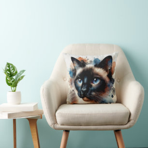 Watercolor Siamese Cat Colorful Portrait Throw Pillow