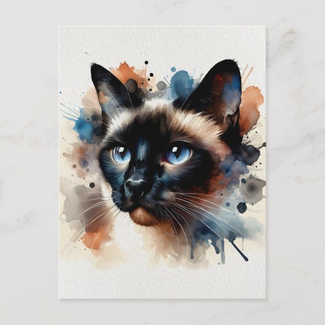Watercolor Siamese Cat Colourful Portrait Postcard (Front)