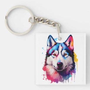 Watercolor Siberian Husky Colourful Art Keychain