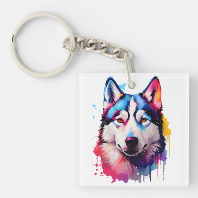 Watercolor Siberian Husky Colourful Art Keychain (Front)