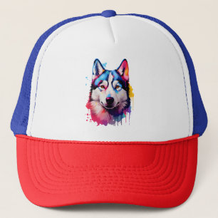 Watercolor Siberian Husky Colourful Art Trucker Hat
