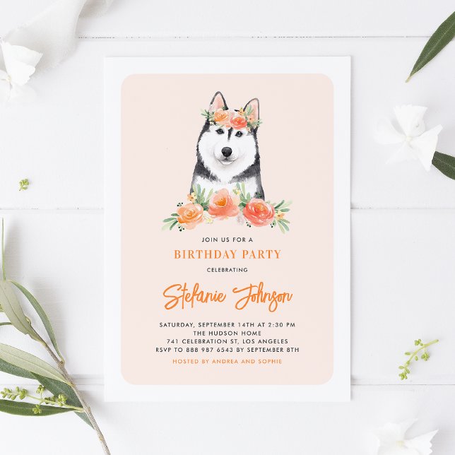 Watercolor Siberian Husky Peach Floral Birthday Invitation (Creator Uploaded)
