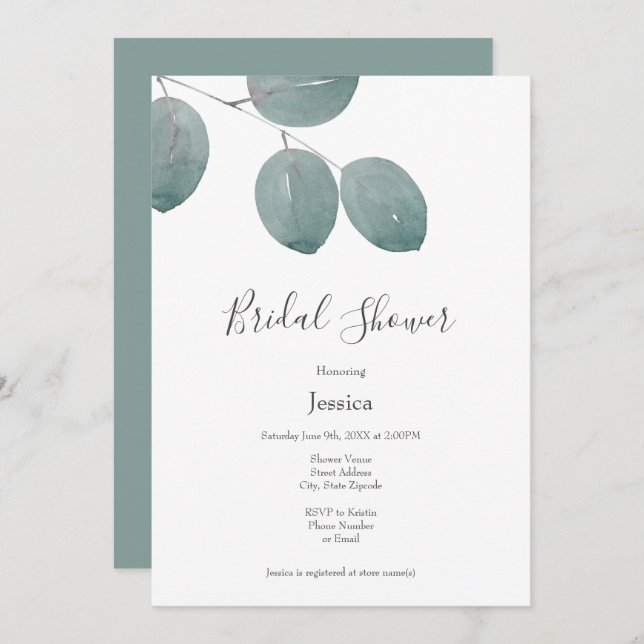 Watercolor Silver Dollar Eucalyptus Leaves Invitation (Front/Back)