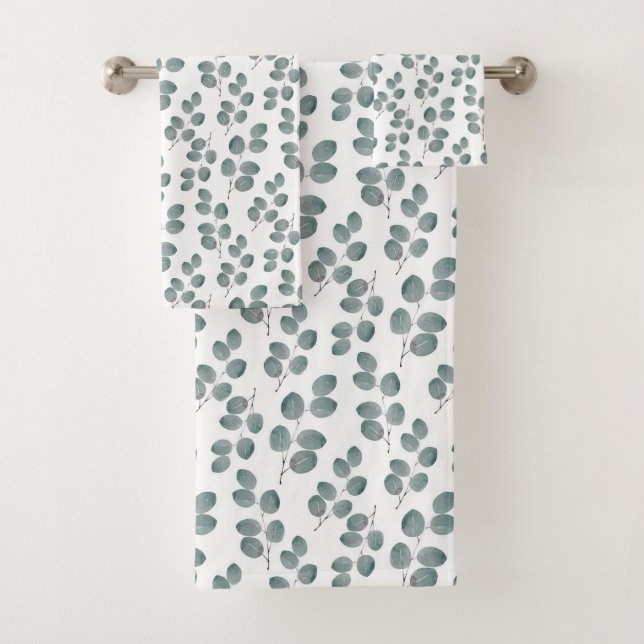 Watercolor Silver Dollar Eucalyptus Leaves Pattern Bath Towel Set (Insitu)
