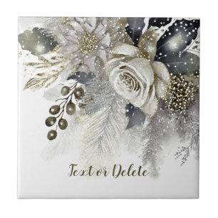 Watercolor Silver Golden White Roses Flowers Tile