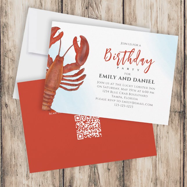 Watercolor Simple Birthday Red Lobster QR Code  Invitation (Creator Uploaded)