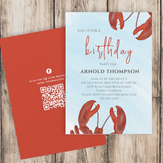 Watercolor Simple Birthday Red Lobster QR Code  Invitation (Creator Uploaded)