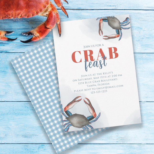 Watercolor Simple Blue Crab Feast Party Gingham  Invitation (Creator Uploaded)