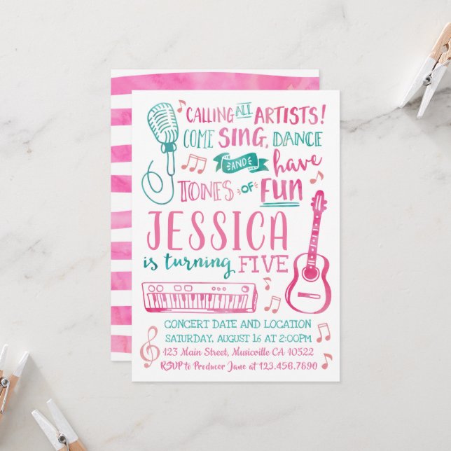 Watercolor Singer Birthday Invitation (Front/Back In Situ)