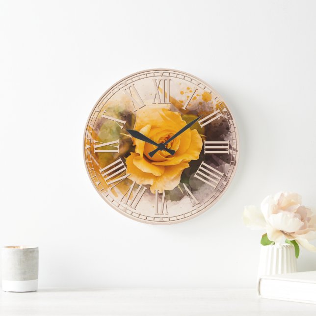 Watercolor Single Yellow Rose Large Clock (Home)