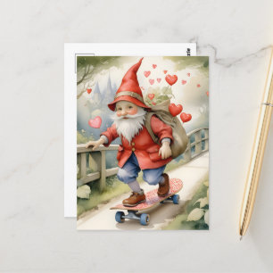 Watercolor Skateboarding Valentine Gnome Postcard