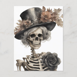 Watercolor Skeleton In a Fancy Hat With Flowers  Postcard