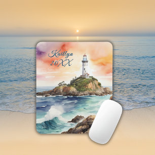 Watercolor Sketch Byron Bay Lighthouse Monogram Mouse Pad