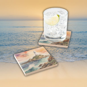 Watercolor Sketch Byron Bay Lighthouse Monogram Stone Coaster
