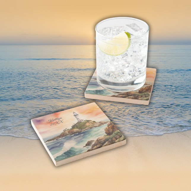 Watercolor Sketch Byron Bay Lighthouse Monogram | Stone Coaster (Creator Uploaded)