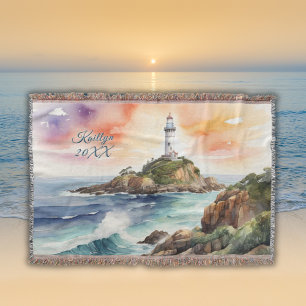 Watercolor Sketch Byron Bay Lighthouse Monogram   Throw Blanket