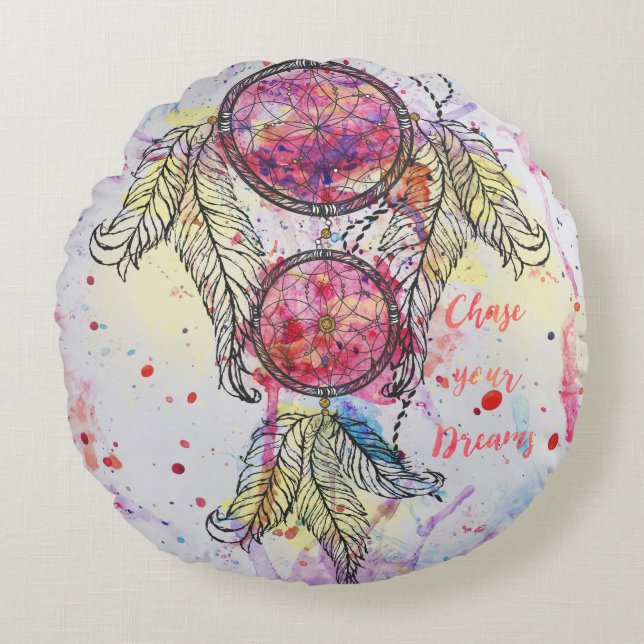 Watercolor sketch Dreamcatcher “Chase your Dreams” Round Pillow (Front)
