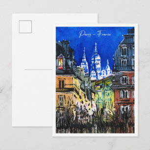 Watercolor Sketch Night Paris France Postcard