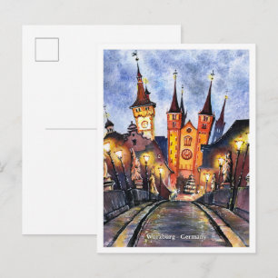 Watercolor Sketch old main bridge Wurzburg Germany Postcard