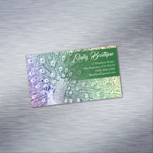 Watercolor sketch Peacock with Fancy Tail Feathers Magnetic Business Card