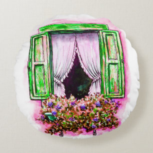 Watercolor sketch traditional old fashioned window round pillow