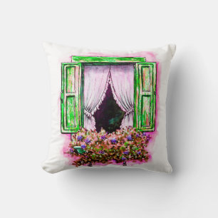 Watercolor sketch traditional old fashioned window throw pillow