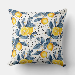 watercolor sketched detailed of blue leaves, lemon throw pillow