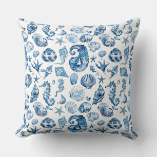 Watercolor sketched detailed of blue shells of var throw pillow