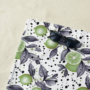 watercolor sketched detailed of green leaves, lime beach towel