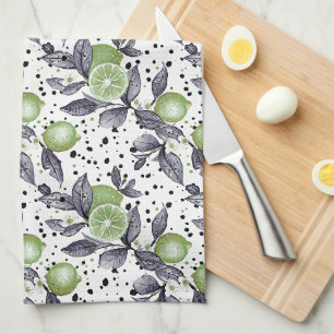 watercolor sketched detailed of green leaves, lime kitchen towel