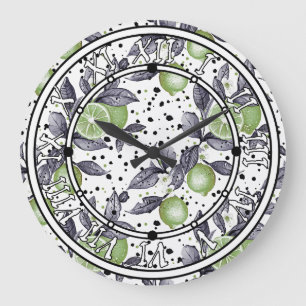 watercolor sketched detailed of green leaves, lime large clock