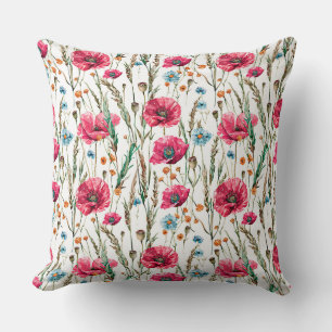 Watercolor sketched pattern of Red poppy flowers, Throw Pillow