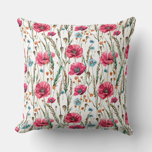 Watercolor sketched pattern of Red poppy flowers,  Throw Pillow (Front)