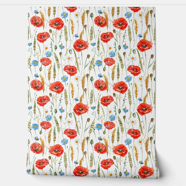 Watercolor sketched pattern of Red poppy flowers,  Wallpaper (Unrolling)