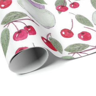 Watercolor sketched red cherries cherry jam jar wh wrapping paper
