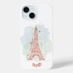 Watercolor Sketchy Doodle Eiffel Tower Monogrammed iPhone 15 Case