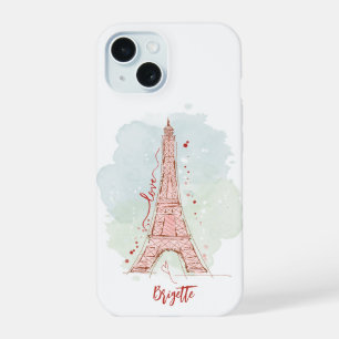 Watercolor Sketchy Doodle Eiffel Tower Monogrammed iPhone 15 Case