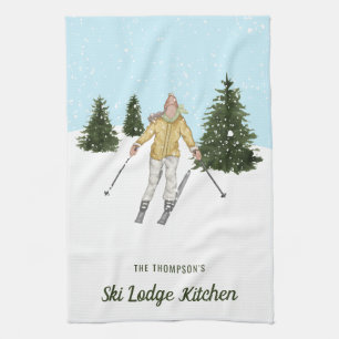 Watercolor Ski Girl On The Slopes Winter Blue Kitchen Towel