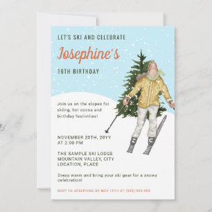 Watercolor Ski Girl Winter Skiing Birthday Party Invitation