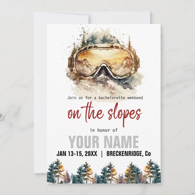 Watercolor Ski glasses & Mountain Ski Bachelorette Invitation (Front)