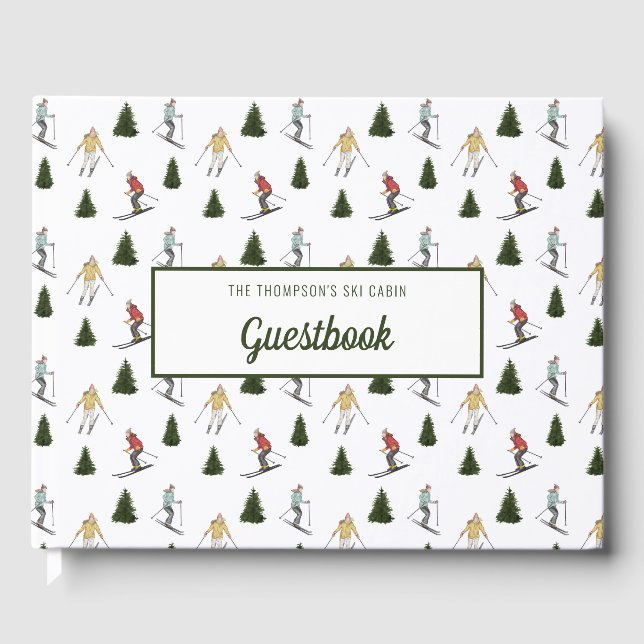 Watercolor Ski Women Pattern Winter Cabin Lodge Guest Book (Front)