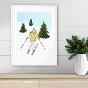 Watercolor Skier And Slopes With Fir Trees Winter Poster