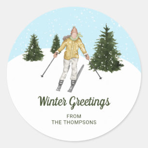 Watercolor Skier Girl Custom Winter Greetings Text Classic Round Sticker