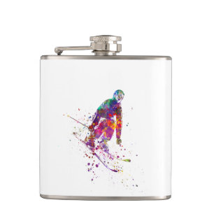 watercolor skier hip flask