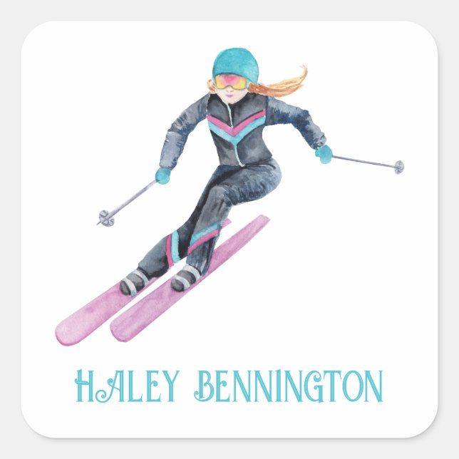 Watercolor Skiing Personalized Square Sticker (Front)