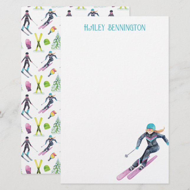 Watercolor Skiing Personalized Stationery (Front/Back)