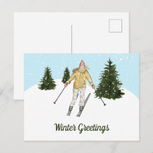 Watercolor Skiing Woman And Trees Winter Greetings Postcard