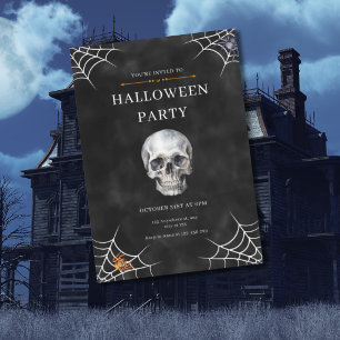 Watercolor Skull & Spider Web Halloween Invitation