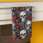 Watercolor Skulls and Roses Red Grey  Kitchen Towel<br><div class="desc">This design may be personalized by choosing the Edit Design option. You may also transfer onto other items. Contact me at colorflowcreations@gmail.com or use the chat option at the top of the page if you wish to have this design on another product or need assistance with this design. See more...</div>