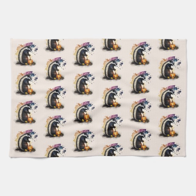 Watercolor Skunk Halloween Kitchen Towel (Horizontal)